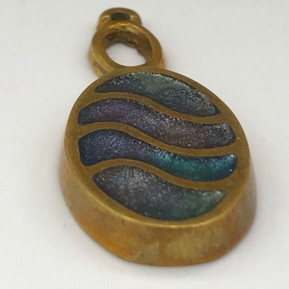 Vintage Handcrafted Bronze Pendant Painted Unique Heavy Blue Waves - Picture 2 of 9
